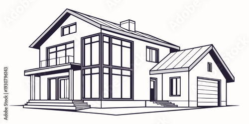 A modern two-story house with a garage and a balcony on the upper floor