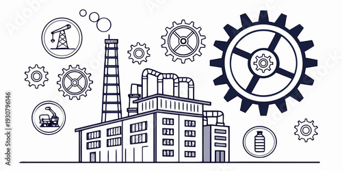 Illustration of industrial buildings and machinery with various icons