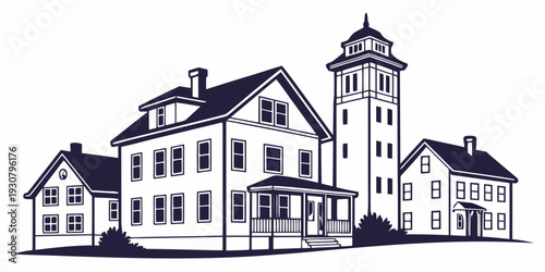 A picturesque view of an old town with traditional architecture and a clock tower