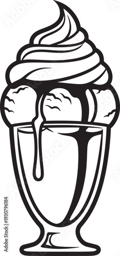 Classic Ice Cream Sundae with Whipped Cream and Syrup in a Glass Vector Outline Illustration