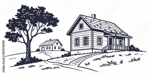 A charming countryside house with a tree and a road in the background.