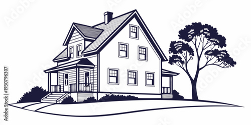 A charming two-story house with a tree in the front yard