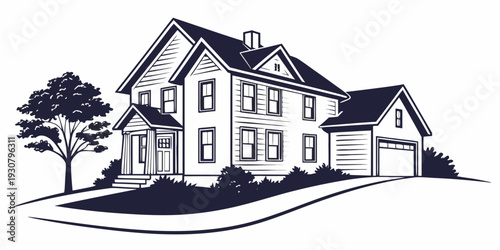 A charming two-story house with a garage and a tree in the front yard