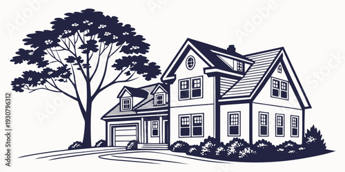 A charming two-story house with a tree in the front yard and a car in the driveway.