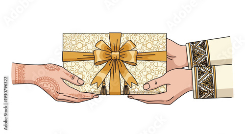 Hands exchanging a beautifully wrapped gift with a golden ribbon