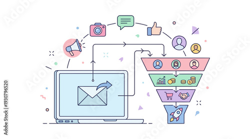 Marketing funnel Illustration: A vibrant illustration depicts the marketing funnel concept, visually charting the path from initial awareness to final conversion.