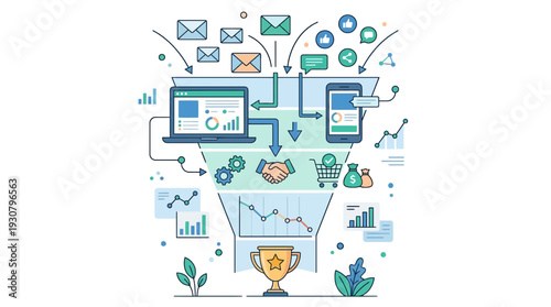 Business Conversion Funnel: A vibrant illustration showcasing the step-by-step process of converting leads into loyal customers, symbolized through data flow, user engagement.