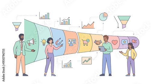 Sales Funnel of Team and Data: A dynamic depiction of a sales funnel, with diverse team members engaging and interacting with data, charts, and diagrams to showcase the process of attracting.