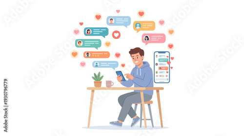 Digital Connection & Social Interaction: A young man is engrossed in his tablet, surrounded by animated social media bubbles and love hearts, which show the digital age.