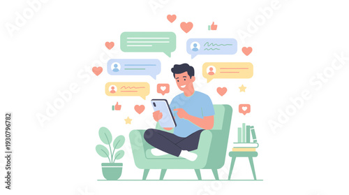 Digital Serenity: A man relaxes, engrossed in his tablet, surrounded by floating hearts and chat bubbles. Illustrating digital connection and social engagement.