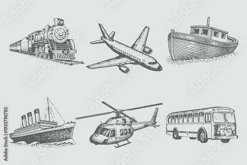 Bus, Boat, Ship, Airplane, Helicopter, Train in vintage engraving style vector illustration. Retro Transport Texture elements on transparent background.