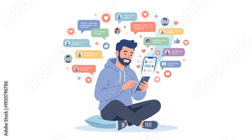 Digital Connections: A modern man, deeply engrossed in his smartphone, is enveloped by a vibrant constellation of chat bubbles, symbolizing the intricate web of digital communication.