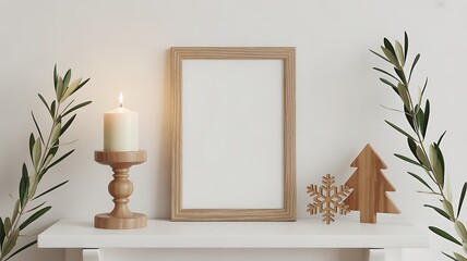 Elegant minimalist decor featuring a blank frame and seasonal accents on a shelf