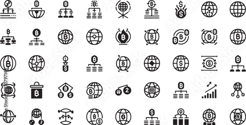 Collection of black and white depicting cryptocurrency and global finance concepts bitcoin money