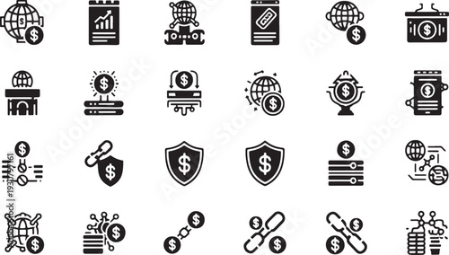 Collection of black and white depicting financial and global concepts finance money network security
