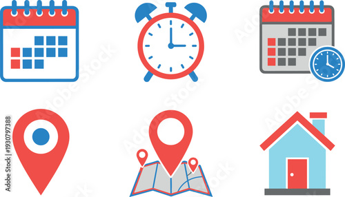 Calendar, Clock, Location Pin, Map, and Home Icon Vector Set for Scheduling, Navigation, Planning Apps, Websites, UI Design, and Infographics