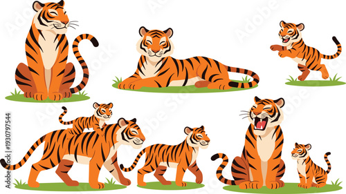 Bengal Tiger Family Vector Illustration Set Featuring Mother Tiger with Playful Cubs Running and Roaring on Grass for Wildlife Education and Childrens Storybook Designs