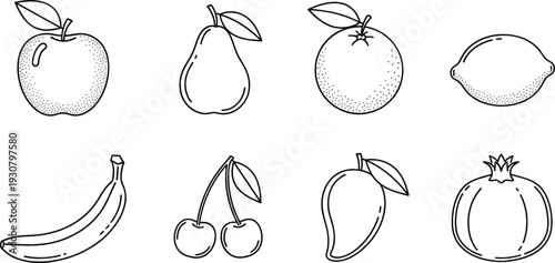 Hand Drawn Fruit Outline Vector Set with Apple Pear Orange Lemon Banana Cherry Mango and Pomegranate Illustrations