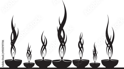Decorative oil lamps with long winding smoke silhouettes arranged in horizontal row for traditional festival celebration on transparent background art