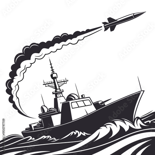 Military warship launching missile over ocean waves