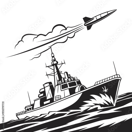 Military warship launching missile over water military ship