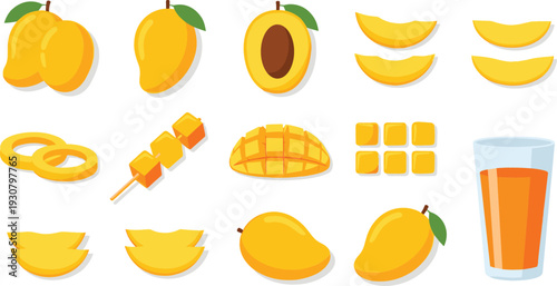 Mango Fruit Vector Icon Set with Whole Slices Cubes Juice Rings and Skewer Pieces in Flat Style