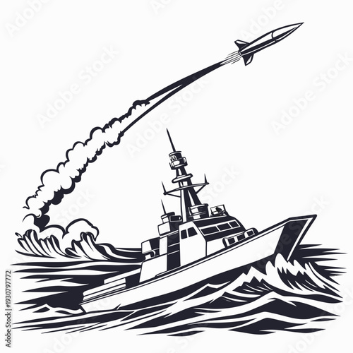 Warship launching missile over ocean waves military