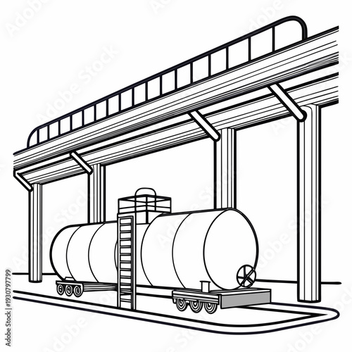 Industrial rail tanker under pipeline infrastructure