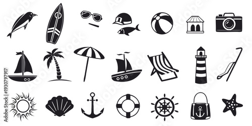 Assorted icons representing various maritime and nautical themes and activities