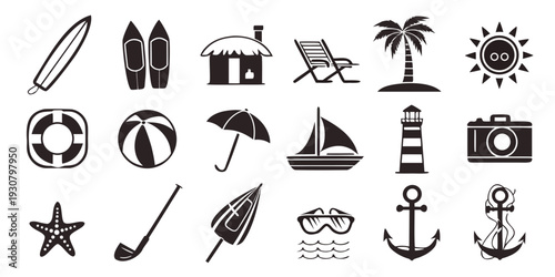 Assorted icons representing beach, travel, and nautical themes