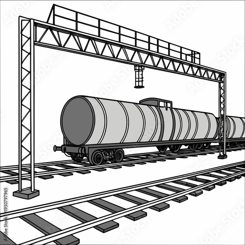Train tanker under loading gantry on railroad tracks