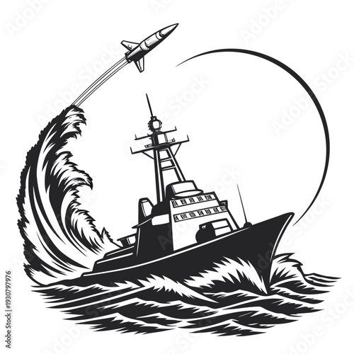 Warship launching missile through wave ocean