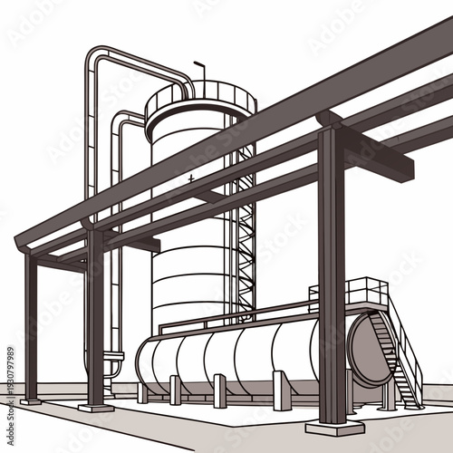Petrochemical rail loading facility with cylindrical tanks and pipeline structure