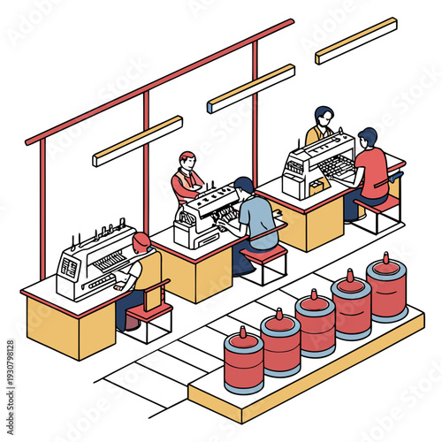 Textile factory sewing hall with workers and machines