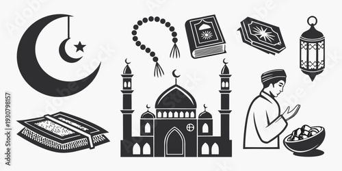 Diverse symbols representing the islamic religion and culture