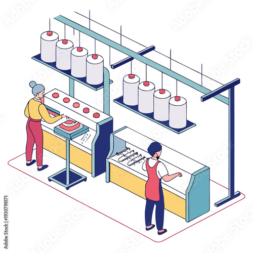 Textile factory workers operating machinery with spools of thread