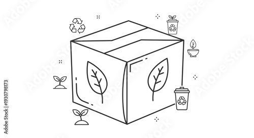 Cardboard box with eco-friendly symbols, representing sustainable packaging and environmental awareness, isolated white background.