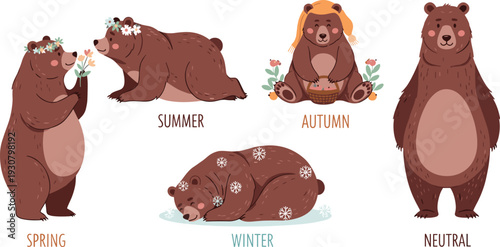 Cute Brown Bear Vector Set Illustrating Spring, Summer, Autumn, and Winter Seasons with Flowers, Snowflakes, Scarf, and Harvest Basket for Childrens Education