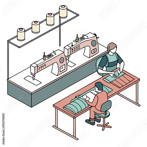 Textile factory workers sewing and cutting fabric with industrial machines