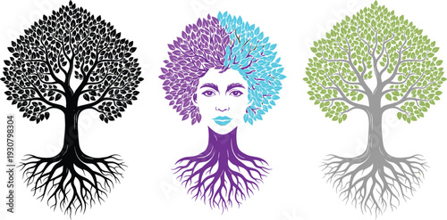Tree of Life Vector Illustration Set with Woman Face Roots and Colorful Nature Silhouette Design Elements