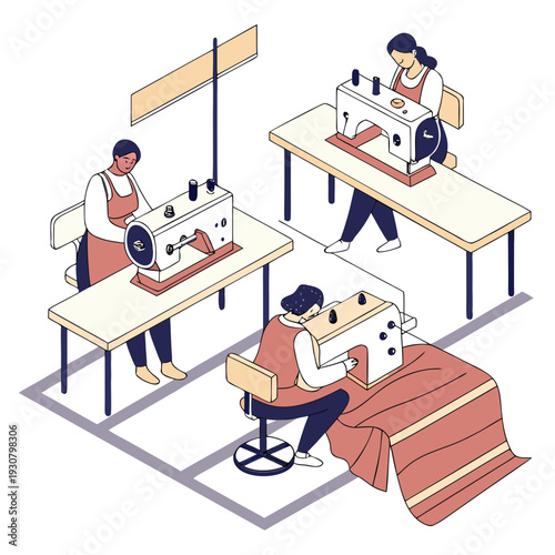 Textile factory interior with three operators working on sewing machines
