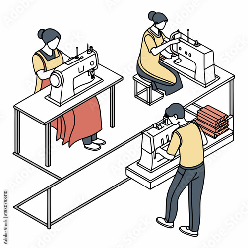 Textile factory interior with multiple operators working on sewing machines