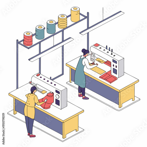 Textile factory interior with two operators working at sewing machines