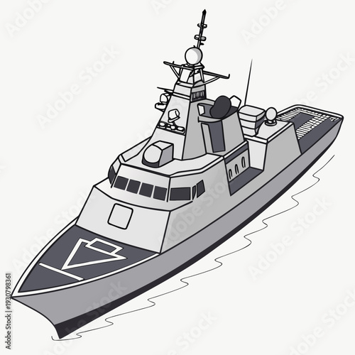 Gray warship with missile launcher on deck black white