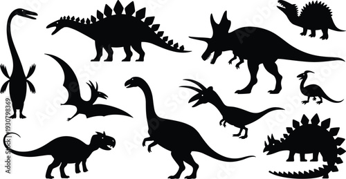 Dinosaur silhouette collection prehistoric reptile species Jurassic Cretaceous ancient animal fossil illustration design element black artwork flat vector graphic