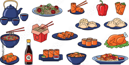  Asian Food Dishes Collection with Sushi Dumplings Noodles Roast Chicken and Traditional Cuisine Vector Illustration