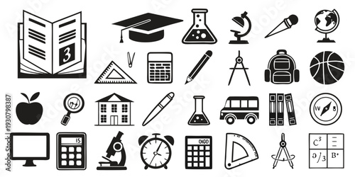 A diverse collection of icons representing various academic subjects and tools