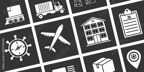 A collection of black and white icons representing various activities and places.