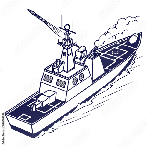 Navy destroyer ship with missile launcher naval strike