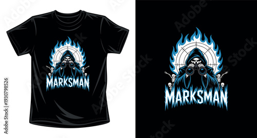 Marksman t-shirt design with a hooded grim reaper skeleton looking through binoculars in a blue flame circle